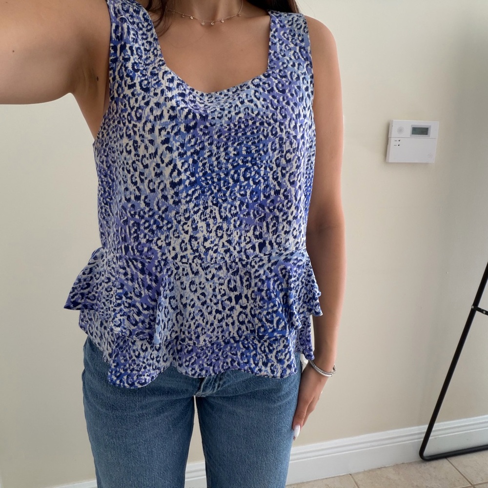 Rebecca Taylor — Blue Leopard Ruffle Tank